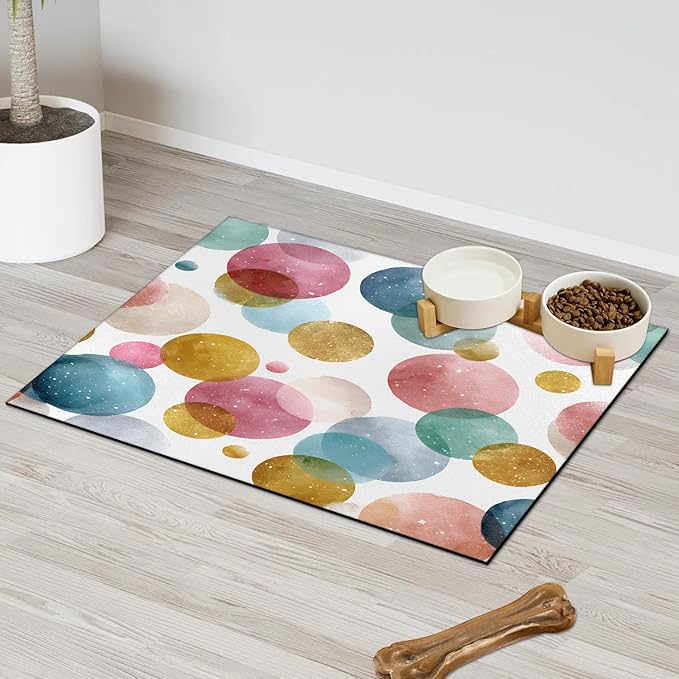 Polka Dot Dog Food Mat for Floors Absorbent Dog Bowl Mat for Food and Water Dispenser Quick Dry Cat Food Placemat Pet Supplies 24" x 32", Watercolor Circle