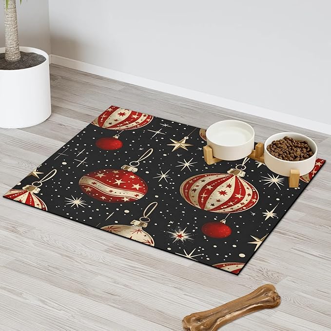 Xmas Balls Dog Food Mat for Floors Absorbent, Quick Dry Water Dispenser Mat for Food, Water, Pet Supplies 16" x 24", Christmas