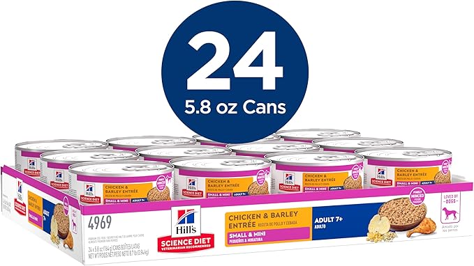 Hill's Science Diet Small & Mini, Senior Adult 7+, Small & Mini Breeds Senior Premium Nutrition, Wet Dog Food, Chicken & Barley Loaf, 5.8 oz Can, Case of 24