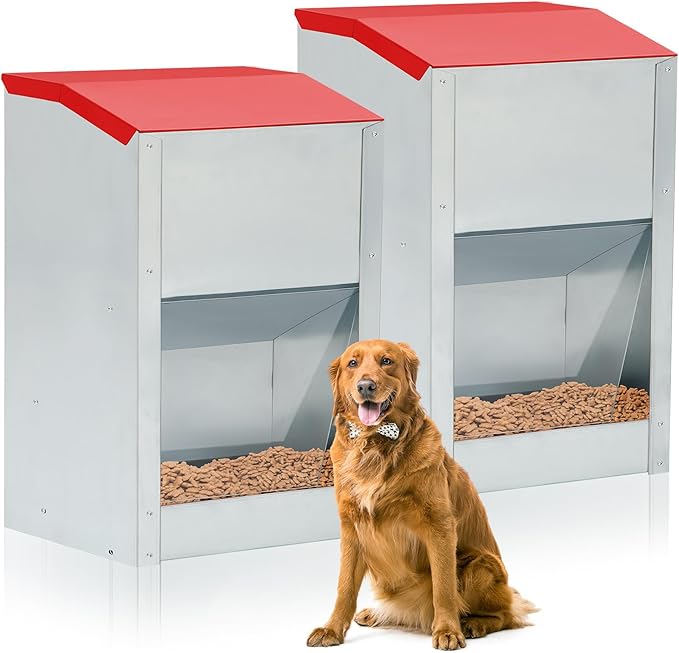 2 Pcs 40 Lbs Large Automatic Dog Feeders with Handle Acrylic Panel Galvanized Gravity Feeder Outdoor Hanging for Doggie Breed Dog Food Dispenser Container (Red, No Wheels)