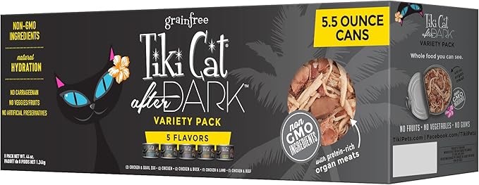 Tiki Cat After Dark, Variety Pack, High-Protein and 100% Non-GMO Ingredients, Wet Cat Food for Adult Cats, 5.5 oz. Can (8 Count)