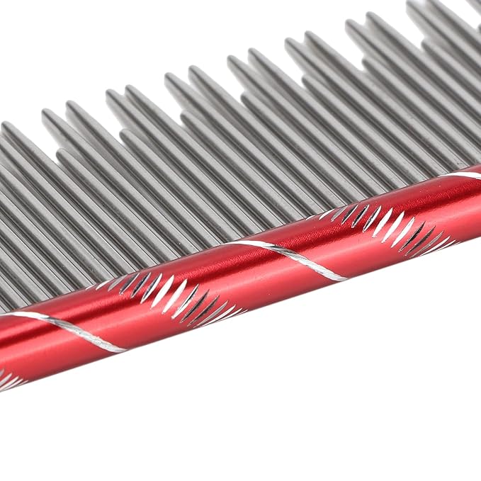 Pet Hair Removal Comb with Stainless Steel Teeth, Durable Cat Grooming Tool, 6.3 Inch Comfortable Non Slip Handle - Reusable Design, Open Knot Comb for Long and Short Haired Cats (Red)