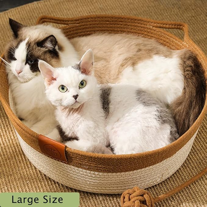 Handwoven Cotton Rope Cat Bed - Breathable & Easy to Clean, Foldable Scratchable Hammock with Cat Ear Design, with a Playing Ball for Kittens Brown