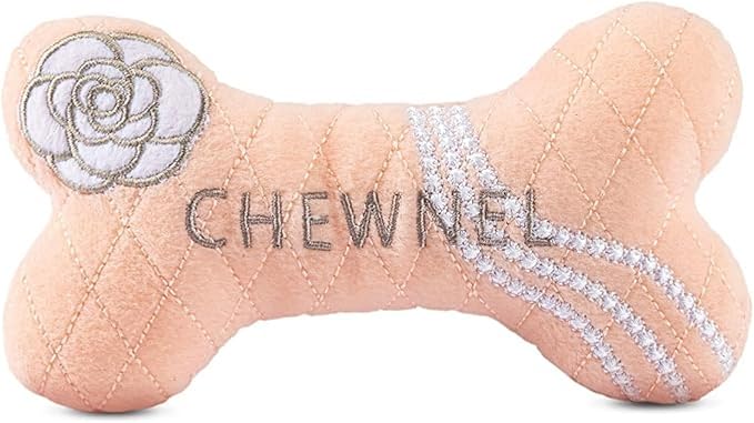 Dog Diggin Designs Chewnel Blush Plush Dog Toy Bone | Luxury-Inspired Parody Designer Bone with Squeaker, Soft Plush Chew & Play Dog Toy – Prêt-à-Porter Play!