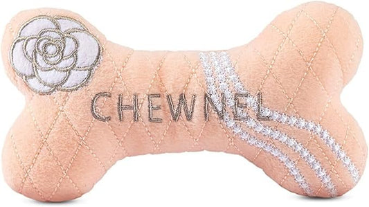 Dog Diggin Designs Chewnel Blush Plush Dog Toy Bone | Luxury-Inspired Parody Designer Bone with Squeaker, Soft Plush Chew & Play Dog Toy – Prêt-à-Porter Play!