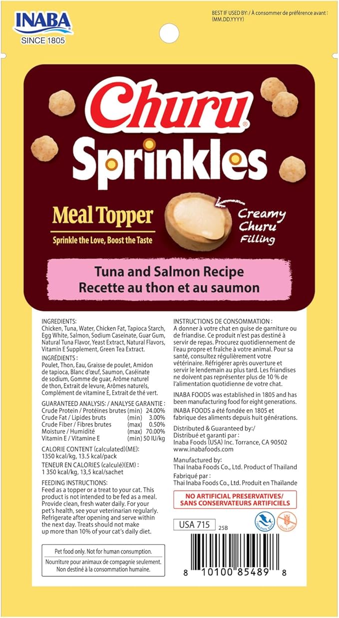 INABA Churu Sprinkles for Cat, Soft & Chewy Churu Filled, Baked Chicken Cat Treat Meal Topper with Vitamin E and Green Tea Extract, 1.05 oz. per Pack, 18 Packs Total, Tuna and Salmon Recipe