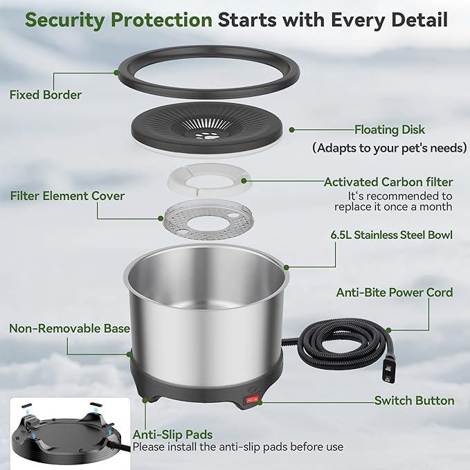 6.5L Heated Water Bowl, Stainless Steel Outdoor Heated Dog Bowl with Anti-Chew Cord, Large Capacity Heated Pet Slow Drinking Dish Provide Warm Water in Winter for Dogs