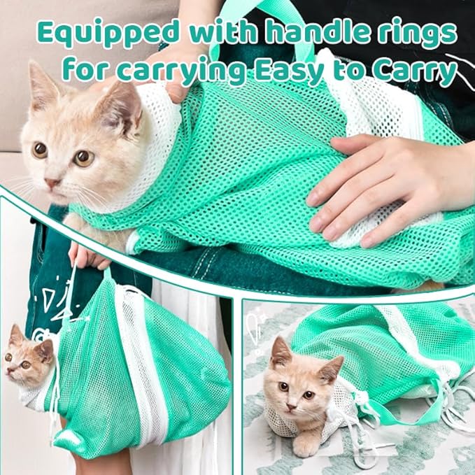 Cat Bathing Bag – Anti-Scratch Cat Washing Bag for Grooming, Nail Trimming – Mesh Cat Shower Bag with 4-Point Adjustable Restraint & Detachable Design