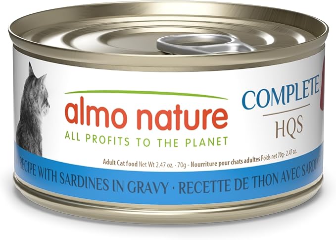 almo nature HQS Complete CAT Wet Cat Food Tuna Recipe with Sardines in Gravy - Grain-Free Cat Food Canned, 2.47 oz (Pack of 12)