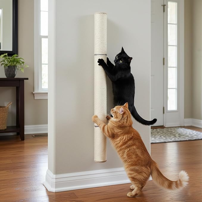 PowerKing 32" Wall Mounted Cat Scratcher,Extra Tall Sisal Cat Scratching Post for Large Indoor Cats, Space-Saving Vertical Wall Cat Climbing Pole with Natural Wood & 360° Rotating Design