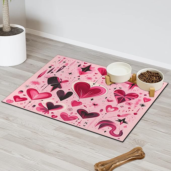 Valentine Dog Food Mat for Floors Absorbent, Quick Dry Water Dispenser Mat for Food, Water, Pet Supplies 17" x 30", Red Black Heart