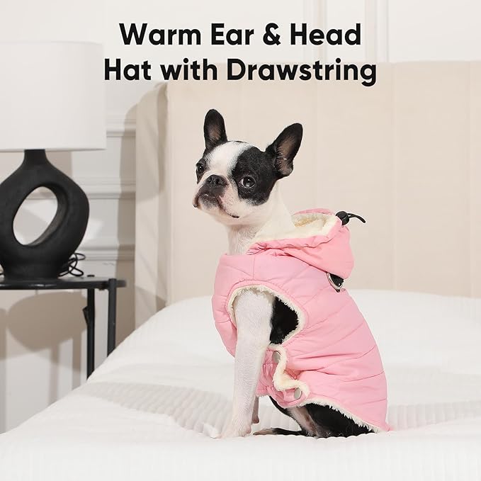 Fleece Lining Dog Hoodie with Harness Built in,Extra Warm Large Dog Jacket in Winter Doggie Coats with Drawstring Hooded,Light Pink XXL