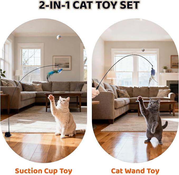 Interactive cat Feather Toy, Fishing Rod Feather Toy, Replaces Simulated Bird Feathers, Reinforced Suction Cup, Suitable for Indoor use.