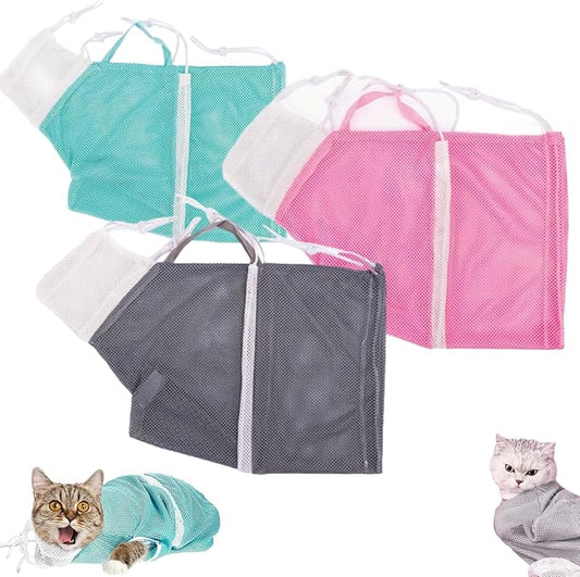 Multifunctional Cat Mesh Bathing Bag, Anti-Bite and Anti-Scratch with Zipper and Drawstrings, Adjustable Breathable Polyester Mesh Restraint for Bathing, Nail Trimming (3 Colors)