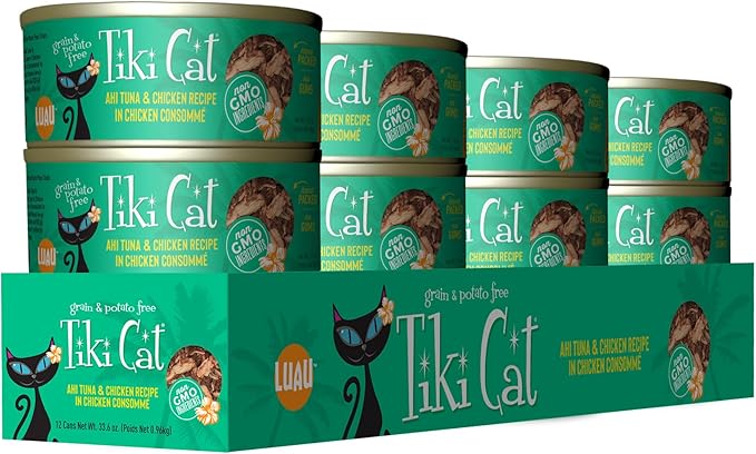 Tiki Cat Luau Shredded Meat, Ahi Tuna & Chicken Recipe in Chicken Consumme, Grain-Free Balanced Nutrition Wet Canned Cat Food, For All Life Stages, 2.8 oz. Cans (Pack of 12)
