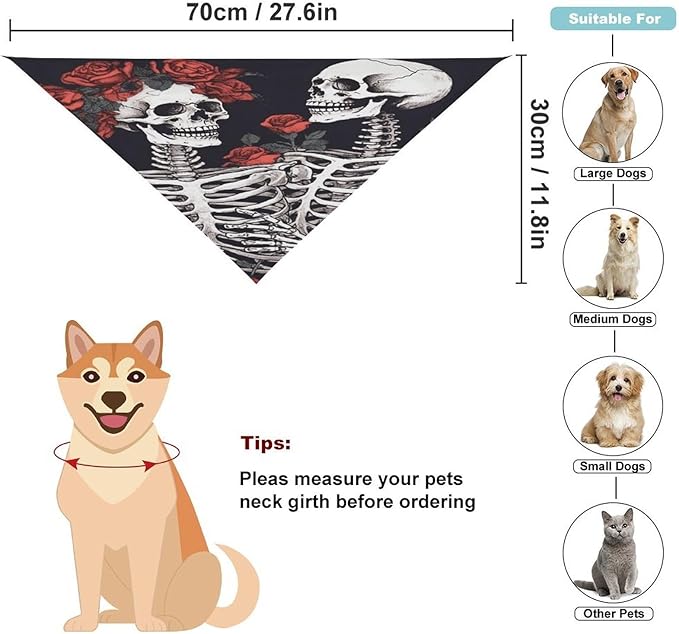 Dog Bandana Spring Pet Scarf Adjustable Triangle Rose and Skeleton Printing Dog Bib Washable Polyester Puppy Bandana for Small Medium Large Dogs Cat Birthday Party Supplies