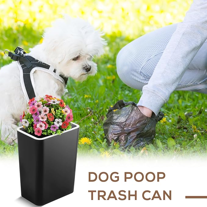 Dog Poop Trash Can Outside 3.96 Gal/15 L Plant Styled Dog Waste Trash Can with Lid 50 Pcs Plastic Waste Bags Outdoor Indoor Poop Container Slim Garbage Bin for Yard Garden Pet (Flower Black)