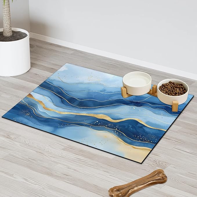 Marble Dog Food Mat for Floors Absorbent, Quick Dry Water Dispenser Mat for Food, Water, Pet Supplies 17" x 30", Blue Gold Abstract