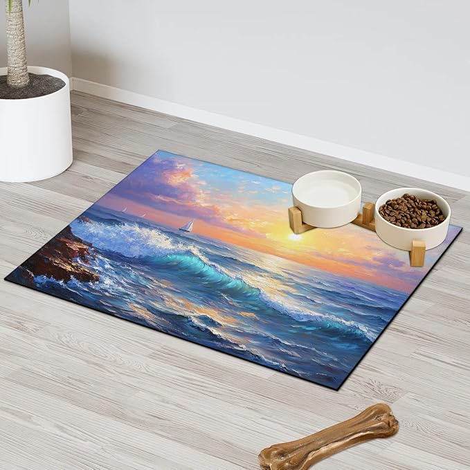 Summer Beach Dog Food Mat for Floors Absorbent, Quick Dry Water Dispenser Mat for Food, Water, Pet Supplies 16" x 24", Sunrise