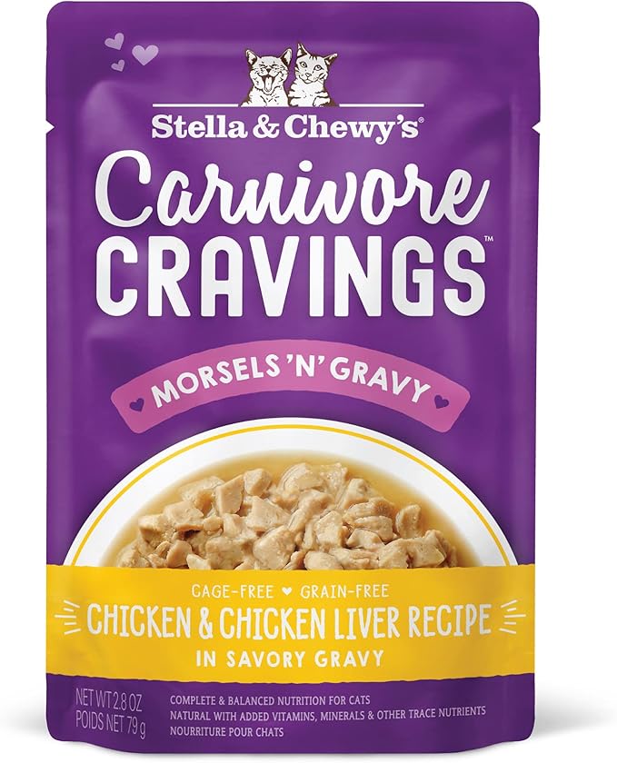 Stella & Chewy's Carnivore Cravings Wet Cat Food Pouches - Premium Chicken & Chicken Liver Recipe - Grain-Free Morsels & Gravy - Perfect for Picky Eaters - Complete Meal or Topper - 2.8oz, 12-Pack