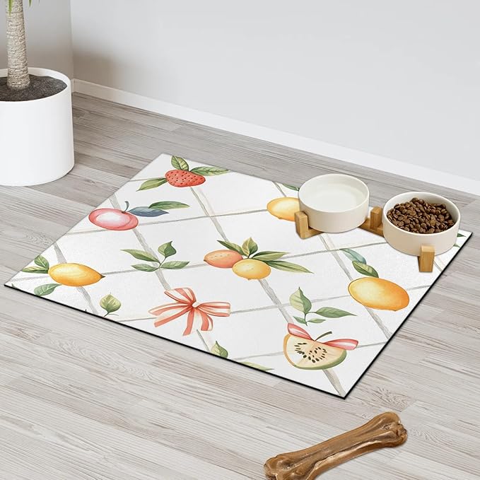 Cute Bow Dog Food Mat for Floors Absorbent Dog Bowl Mat for Food and Water Dispenser Quick Dry Cat Food Placemat Pet Supplies 24" x 32", Bow Lemon Strawberry