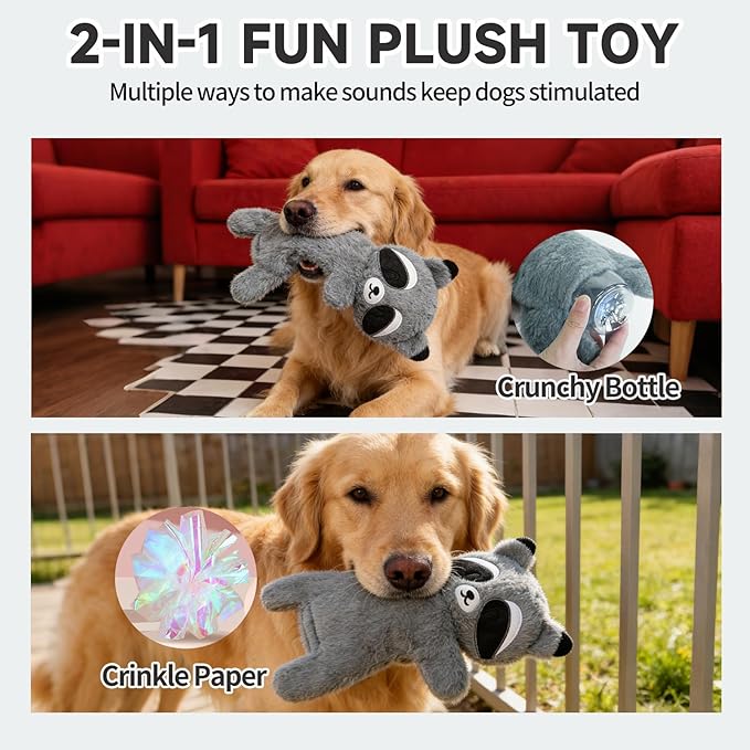 Mihachi No Stuffing Crinkle Dog Toys,2-in-1 Holds Water Bottles-Cruncher with Puncture Resistant Squeaker, Dog Squeak Toys Plush Dogs Chew Toy for Small Medium Large Breed Chewer, Raccoon