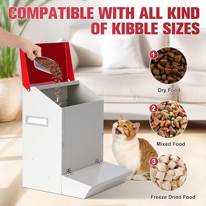 Automatic Cat Feeder 2 Cats,12L Automatic Pet Feeders Large Capacity Outdoor Galvanized Steel Multiple Cats Feeder Gravity Dog Dry Food Dispenser with Lid