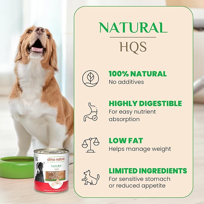 almo nature HQS Natural Chicken Drumstick Entree in Broth, Gluten Free, Additive Free, Adult Dog Canned Wet Food, Shredded 12 x 280g/9.87 oz