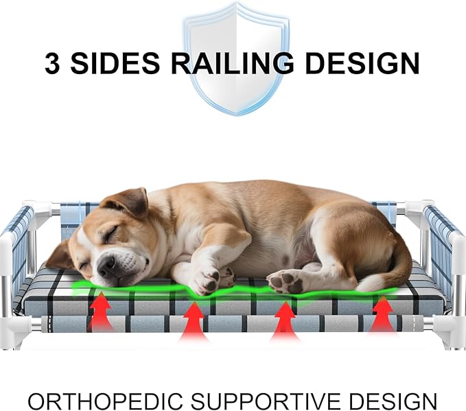 Elevated Raised Outdoor Dog Bed - Cooling Washable Dog Cot with Guardrail, Durable & Breathable Cotton Mesh Pet Hammock Beds with Stainless Steel Pipe Frame for Small Pets (Cushion-(M-))