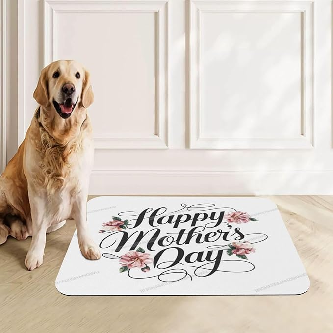 Pet Feeding Mat Happy Mother's Day Floral Gift Mom Js Dog Food Mat for Food Water No Stains Quick Dry Dispenser Cat Bowl Mats for Messy Drinkers 24x16In