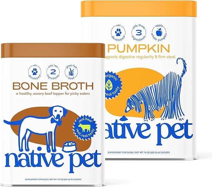 Native Pet Beef Bone Broth for Dogs (9.5 oz) & Organic Pumpkin for Dogs (16 oz.) - Food Topper for Picky Eaters and All-Natural, Organic Fiber Pumpkin Powder