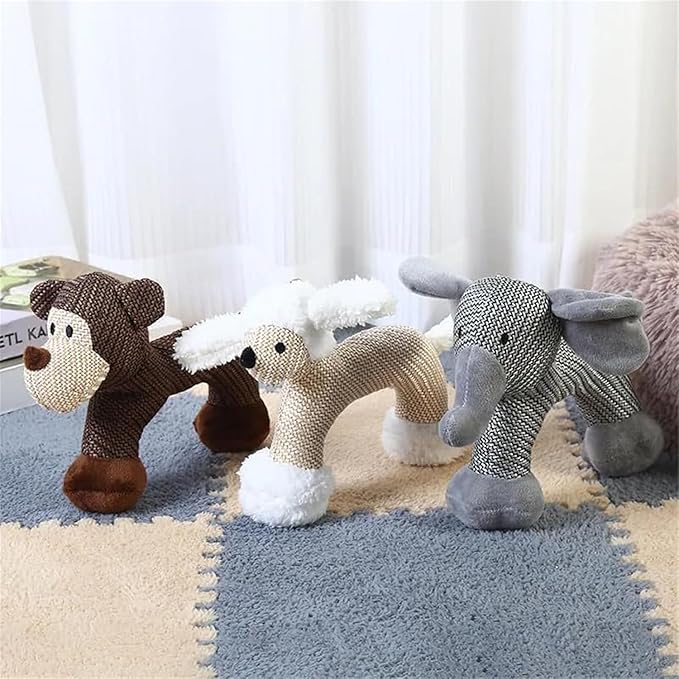 Linen Safari Companions, Squeaky Dog Chew Animals, Strudy Linen Fabric, Relieve Boredom and Anxiety in Dogs (Dog +Monkey+Elephant +Sheep)
