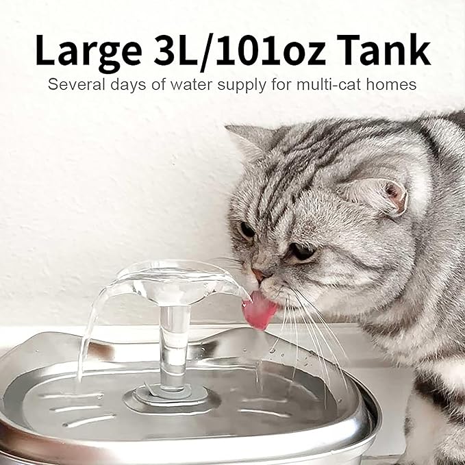 Leo's Paw Stainless Steel Cat Water Fountain 101oz/3L Food-Grade 304 Stainless Steel Automatic Pet Water Dispenser with Water Level Window Multi-Layer Filtration Ultra Quiet & Peaceful Flow