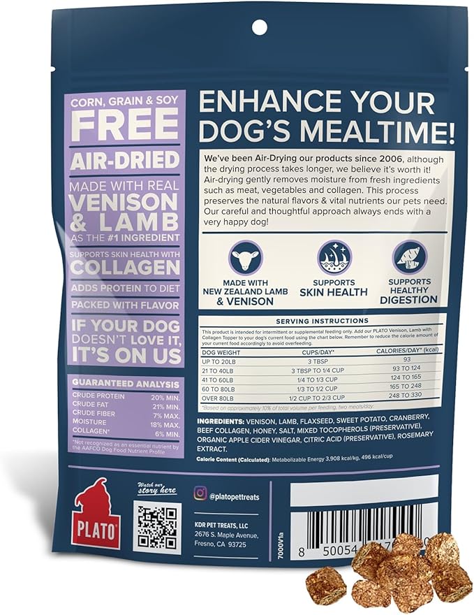 Plato Pet Treats Dog Food Toppers - Air-Dried Dog Food Toppers for Dry Food - with Collagen to Support Skin and Coat Health - Venison, Lamb and Collagen Recipe 5.5oz