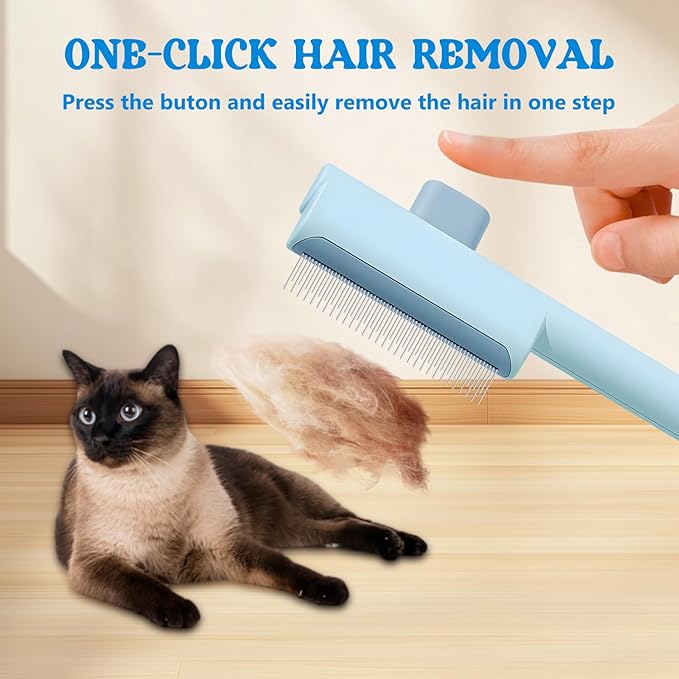 Pet Hair Removal Comb Flea Comb, 2025 New Cat Grooming Brush with Release Button, for Massaging and Cleaning Shedding Pets Hairs, De-Shedding Cat Brush for Short and Long Hair Cats (Blue+Green)