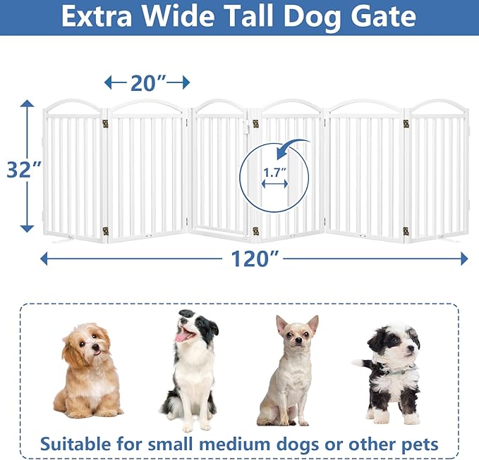 Malier Metal Freestanding Dog Gates with Door, 32'' Height Outdoor Indoor Dog Fences, Extra Wide Foldable Puppy Gate for Stairs (White, 【6 Panels with Door】 120''W × 32''H)