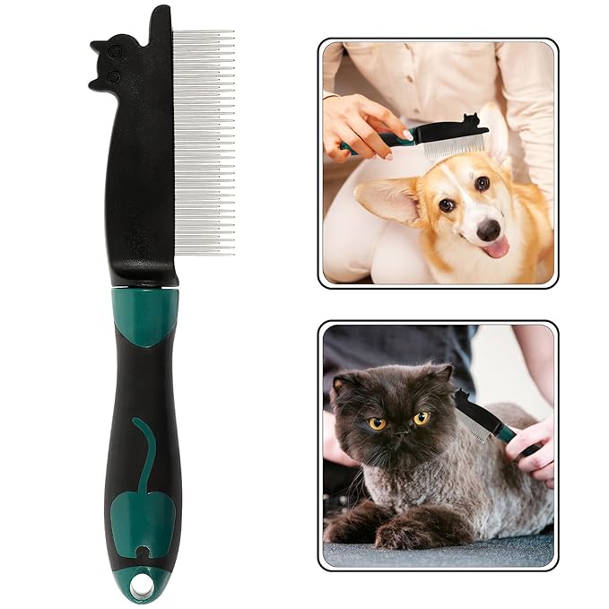 FOMIYES Dog Hair Comb Stainless Steel Dematting Grooming Comb with Fine Teeth for Tangles Removal, Wear-resistant Portable Household Dog Supplies in Green for Small to Medium Pets