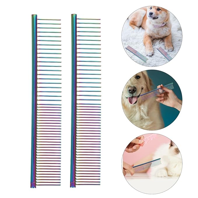 Luxshiny 2pcs Pet Steel Needle Comb with Rounded Ends for Dogs and Cats – Stainless Steel Metal Grooming Comb for Detangling and Removing Mats – Professional Pet Hair Cleaning Tool for Home
