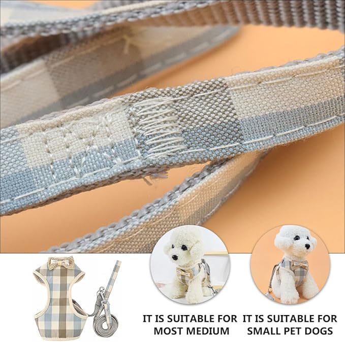Dog Vest Harness and Puppy Leash Soft Mesh Breathable Medium Size Blue-White-Grey Plaid for Small Dogs and Cats Walking Training Pet Supply