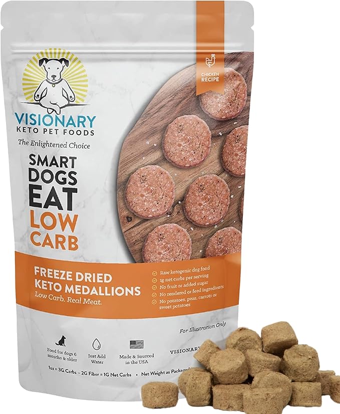 Visionary Pet Foods Low Carb Keto Dog Food <1g Net Carbs Freeze Dried Chicken Diabetic Friendly Made in USA 155 Medallions 12.5oz