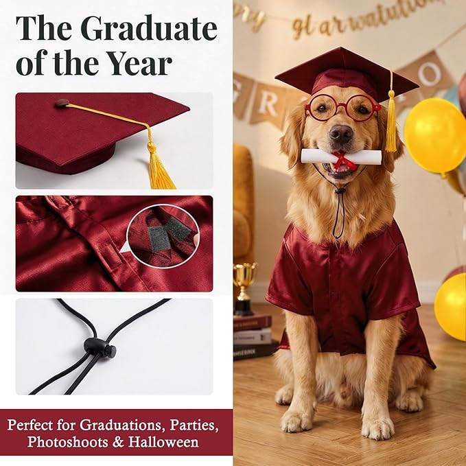 Dog Graduation Cap and Gown Set 2026 - Adjustable Washable Pet Cosplay Costume for Small Medium Dogs, Graduation Gift Supplies with Cap Robe Tassel,Dog Graduation Outfits Gifts (red, Small)