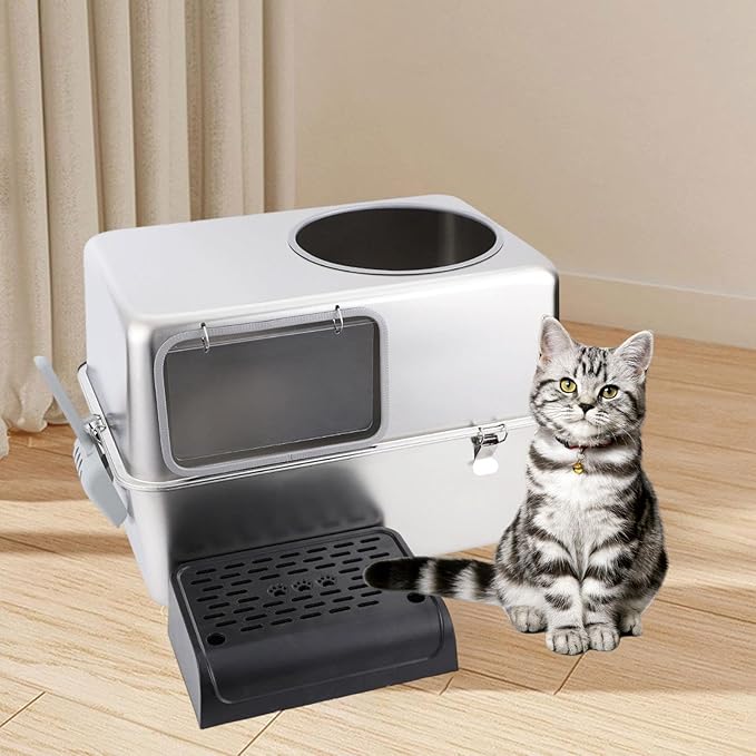 Hooded Cat Litter Box with Lid Large Capacity Anti Splashing Portable Kitty Litter Tray Enclosed Toilet- with Pedal