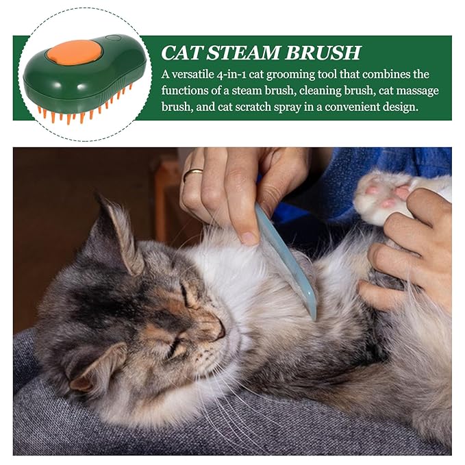 4-In-1 Electric Cat Bath Brush with Steam Function, Self-Cleaning Hair Remover and Massage Comb for Indoor Cats, Green Avocado Spray Pet Grooming Tool