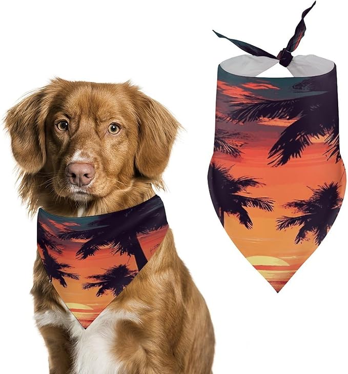 Dog Bandana Spring Pet Scarf Adjustable Triangle Palm Tree Summer Sunset Printing Dog Bib Washable Polyester Puppy Bandana for Small Medium Large Dogs Cat Birthday Party Supplies