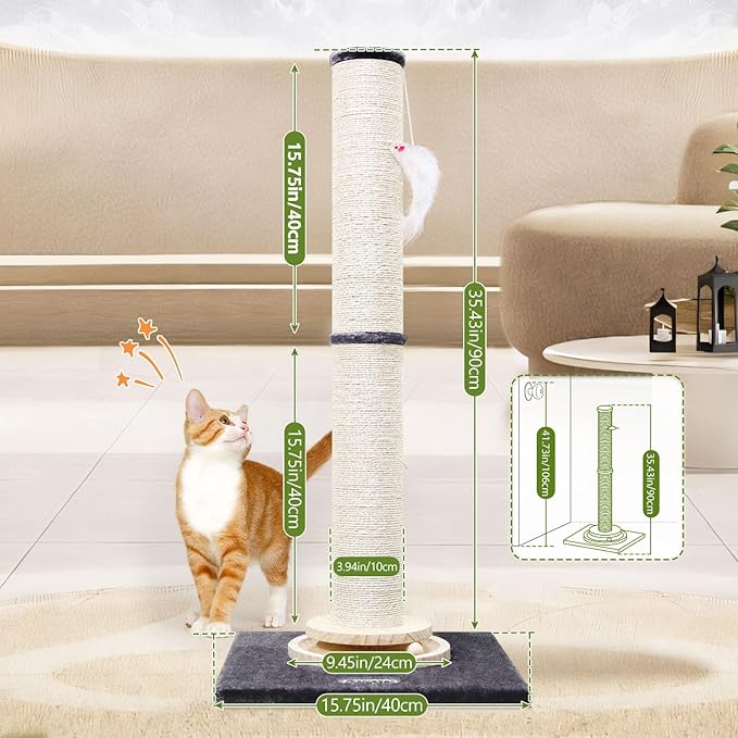Globlazer Extra Thick Large Scratching Post for Indoor Cats Adults and Kittens, 35in Tall Natural Sisal Rope Scratcher Post, Large Cat Scratcher with Ball Interactive Toy, SC35, Dark Grey