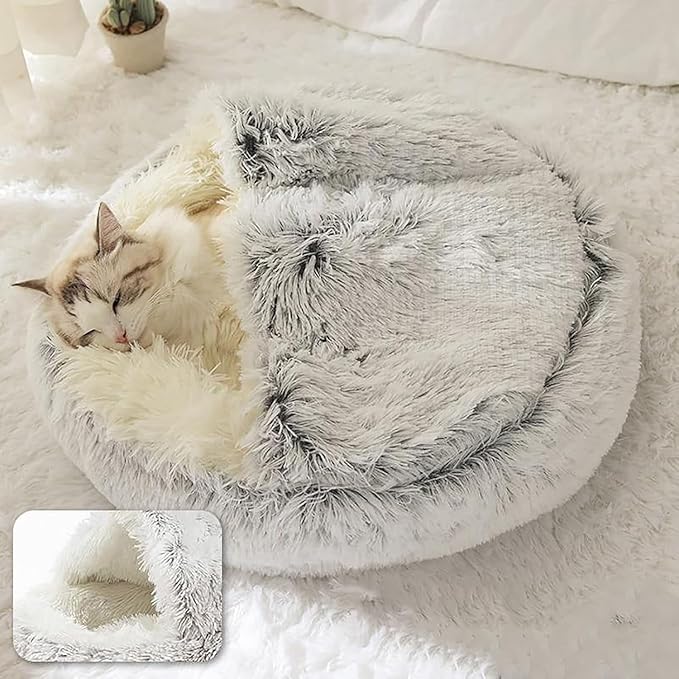 Round Plush Hooded Cat Bed - Cozy Fluffy Cave for Indoor Cats & Small Dogs, Anti-Anxiety Doughnut Design, Waterproof & Washable Base