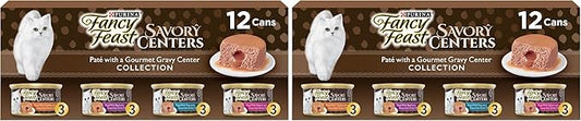 Fancy Feast Purina Savory Centers Wet Cat Food Pate Variety Pack with Chicken, Salmon, Beef, and Tuna Pate with Gravy Center - (4 Packs of 12) 3 oz. Pull-Top Cans