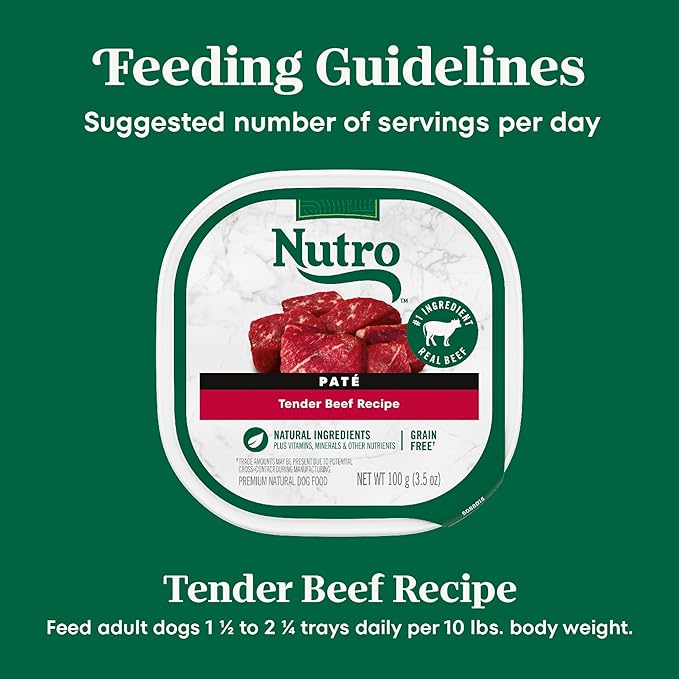 Nutro Adult Natural Grain Free Wet Dog Food Pate, Adult Dog Food Wet Recipe, Tender Beef Recipe, 3.5 oz. Trays (24 Count, Pack of 1)