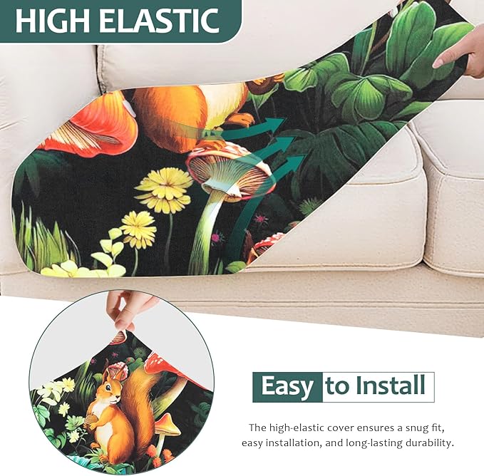 HANDONTIME Forest Outdoor Cushion Covers 8pcs Squirrel Mushroom Couch Cushion Covers Replacement Patio Couch Cover Black Sofa Cover Indoor Patio Cushion for Outdoor Furniture Washable, Cover Only