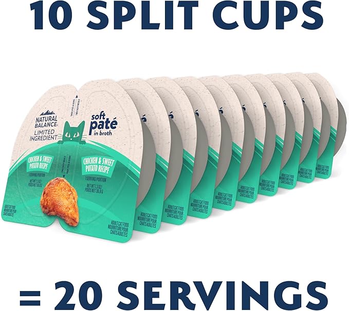 Natural Balance Limited Ingredient Split Cup Chicken & Sweet Potato Soft Pate Wet Cat Food Recipe for Sensitive Stomachs and for Healthy Digestion, 2.6 oz. (Pack of 10)